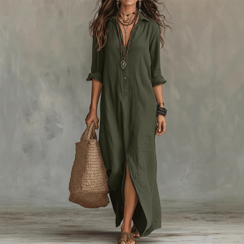 👗 LIMITED-TIME 50% OFF! 💥 Casual Loose Fit Maxi Dress with Front Slit – Collar Detail, Roll-Tab Sleeves, Earthy Tones ✨𝘉𝘶𝘺 𝘢𝘯𝘺 2 𝘢𝘯𝘥 𝘨𝘦𝘵 𝘢𝘯 𝘦𝘹𝘵𝘳𝘢 8% 𝘥𝘪𝘴𝘤𝘰𝘶𝘯𝘵