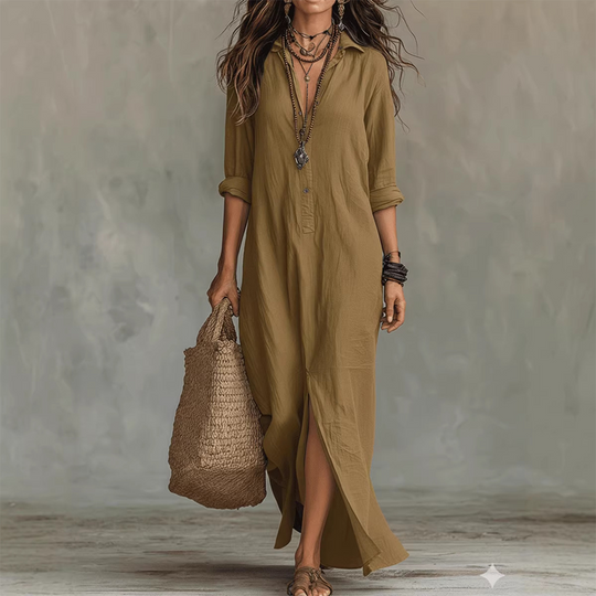 👗 LIMITED-TIME 50% OFF! 💥 Casual Loose Fit Maxi Dress with Front Slit – Collar Detail, Roll-Tab Sleeves, Earthy Tones ✨𝘉𝘶𝘺 𝘢𝘯𝘺 2 𝘢𝘯𝘥 𝘨𝘦𝘵 𝘢𝘯 𝘦𝘹𝘵𝘳𝘢 8% 𝘥𝘪𝘴𝘤𝘰𝘶𝘯𝘵