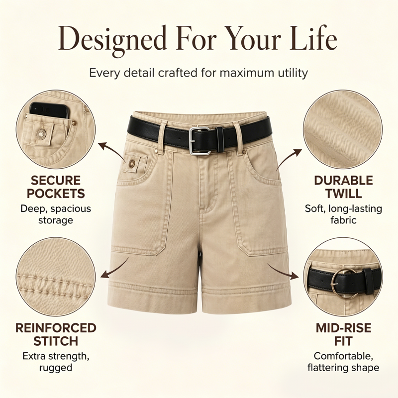 🩳🌼 Women’s Stretch Pocket Shorts – Comfortable Mid-Rise Design, Durable Stitching & Casual-Chic Appeal ✨