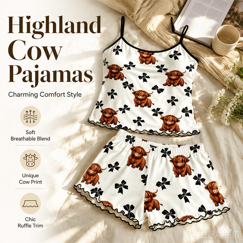🎁2026 New Arrivals 50% OFF💥Summer Sleeveless Spaghetti Strap Cami Sleepwear Set – Highland Cow Print & Ruffle Trim 🐄