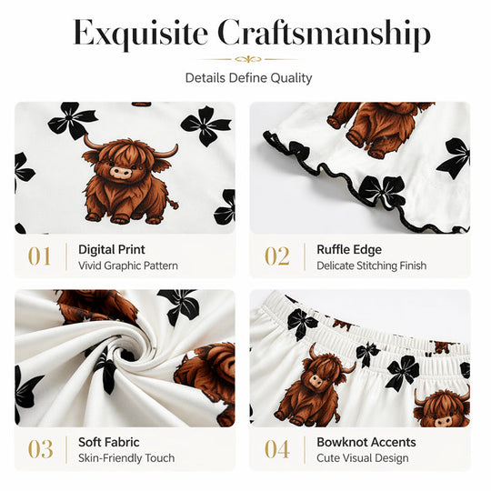🎁2026 New Arrivals 50% OFF💥Summer Sleeveless Spaghetti Strap Cami Sleepwear Set – Highland Cow Print & Ruffle Trim 🐄