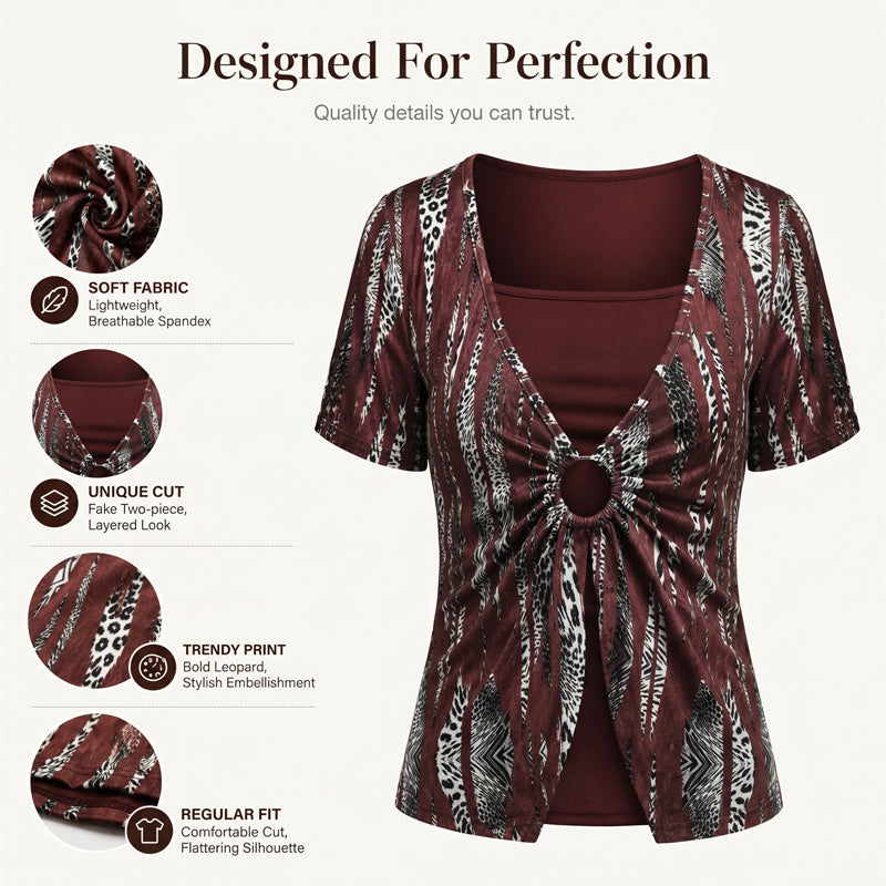 👚 30% OFF NOW!🔥 Leopard Print Top – Retro Square Neck & Mock 2-Piece – Short Sleeve Slim Fit – Breathable Summer Blouse 👗