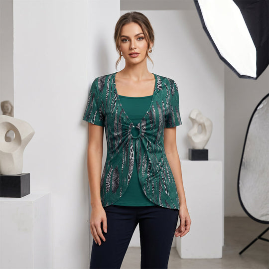 👚 30% OFF NOW!🔥 Leopard Print Top – Retro Square Neck & Mock 2-Piece – Short Sleeve Slim Fit – Breathable Summer Blouse 👗