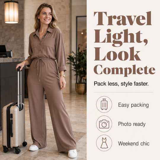 ✨ Flattering One-Piece Style | Women's Tie-Waist Wide-Leg Shirt Jumpsuit