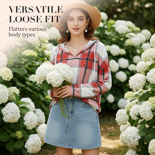 ✨ Easy Everyday Comfort | Women's Plaid Hooded Drawstring V-Neck Shirt🍂