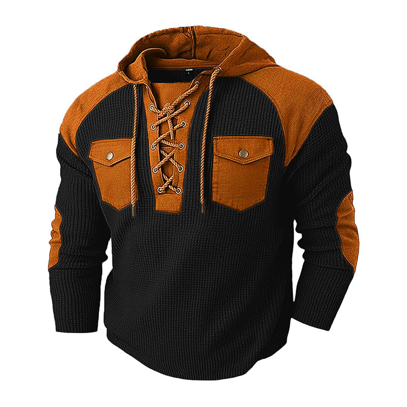 🧶 Rugged Details, Easy Comfort | Men's Waffle-Knit Lace-Up Hooded Sweatshirt