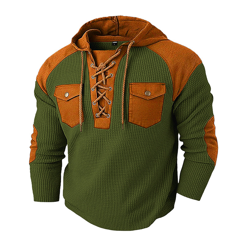 🧶 Rugged Details, Easy Comfort | Men's Waffle-Knit Lace-Up Hooded Sweatshirt