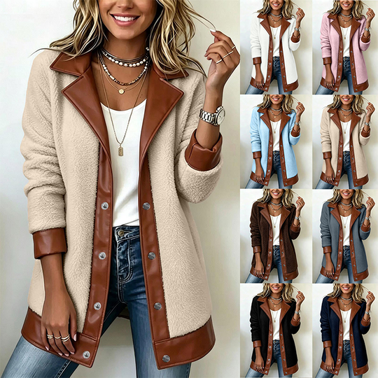 🧸 Cosy Texture | Women's Plush Patchwork Lapel Jacket