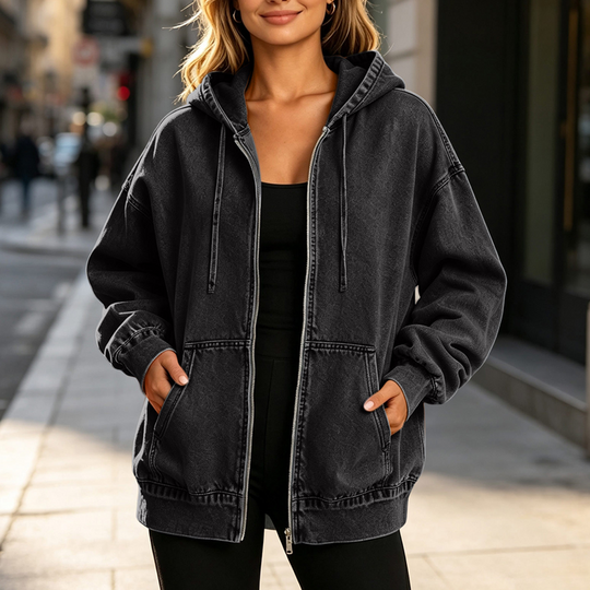 ✨ Denim Comfort, Easy Coverage | Women's Loose Zip-Up Hooded Denim Jacket