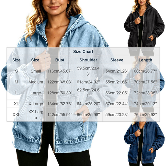 ✨ Denim Comfort, Easy Coverage | Women's Loose Zip-Up Hooded Denim Jacket