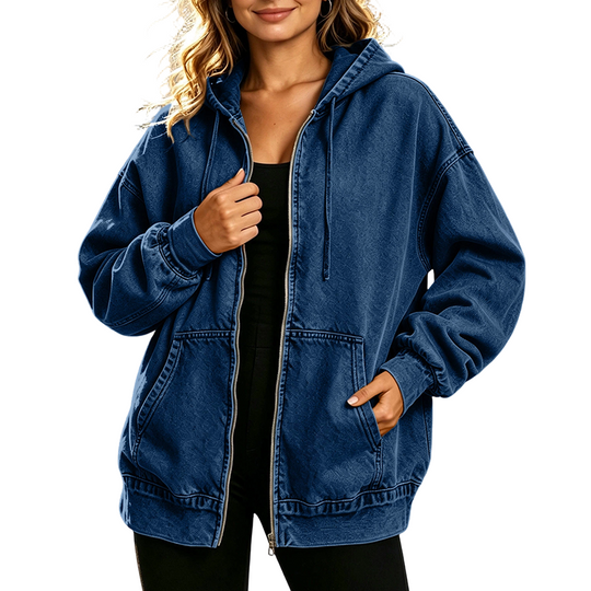 ✨ Denim Comfort, Easy Coverage | Women's Loose Zip-Up Hooded Denim Jacket