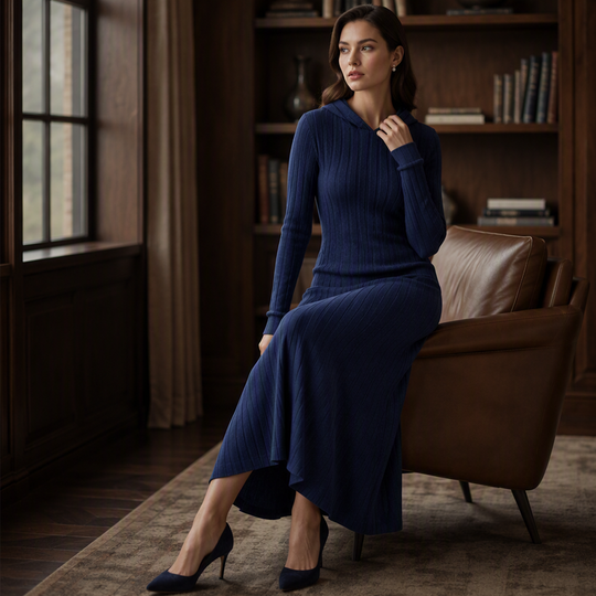 🧶 Textured Comfort | Women's Ribbed-Knit Hooded Maxi Dress with Pockets