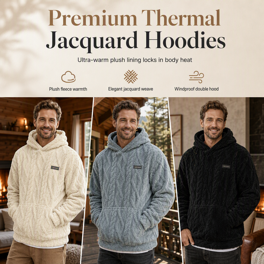 Men's Winter Fleece Lined Hoodie Jacquard Pattern Long Sleeve Pullover Sweatshirt for Casual Outdoor Wear