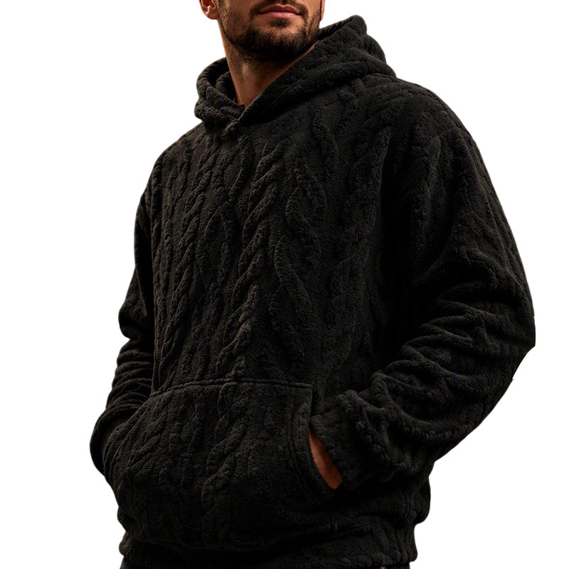 Men's Winter Fleece Lined Hoodie Jacquard Pattern Long Sleeve Pullover Sweatshirt for Casual Outdoor Wear