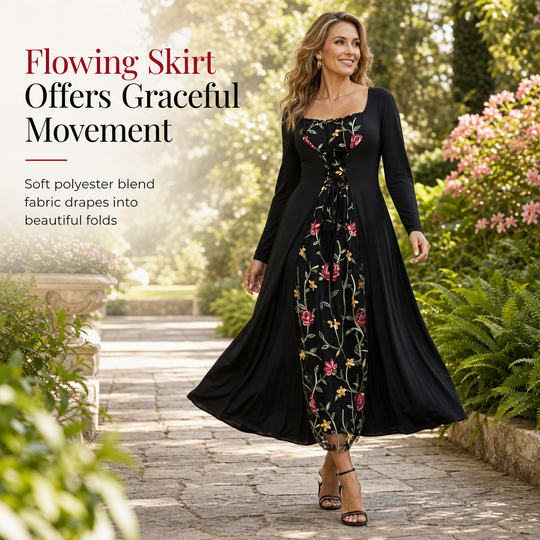 Black Long Sleeve Square Neck Lace Up Corset Maxi Dress with Floral Embroidered Mesh Panel
