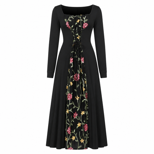 Black Long Sleeve Square Neck Lace Up Corset Maxi Dress with Floral Embroidered Mesh Panel