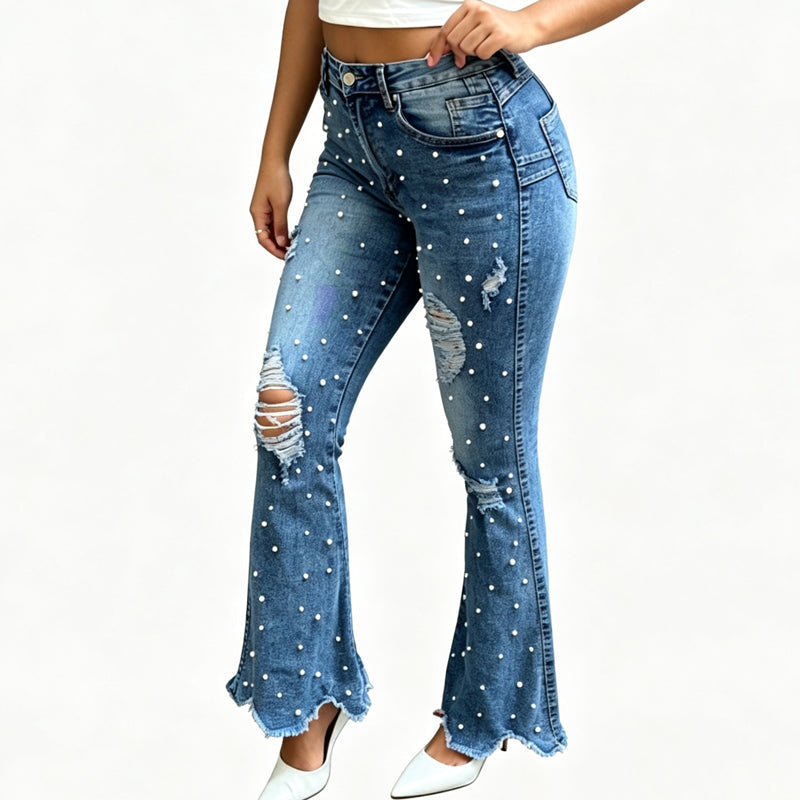 💎 Details That Stand Out | Women's Beaded Distressed High-Waist Flare Jeans