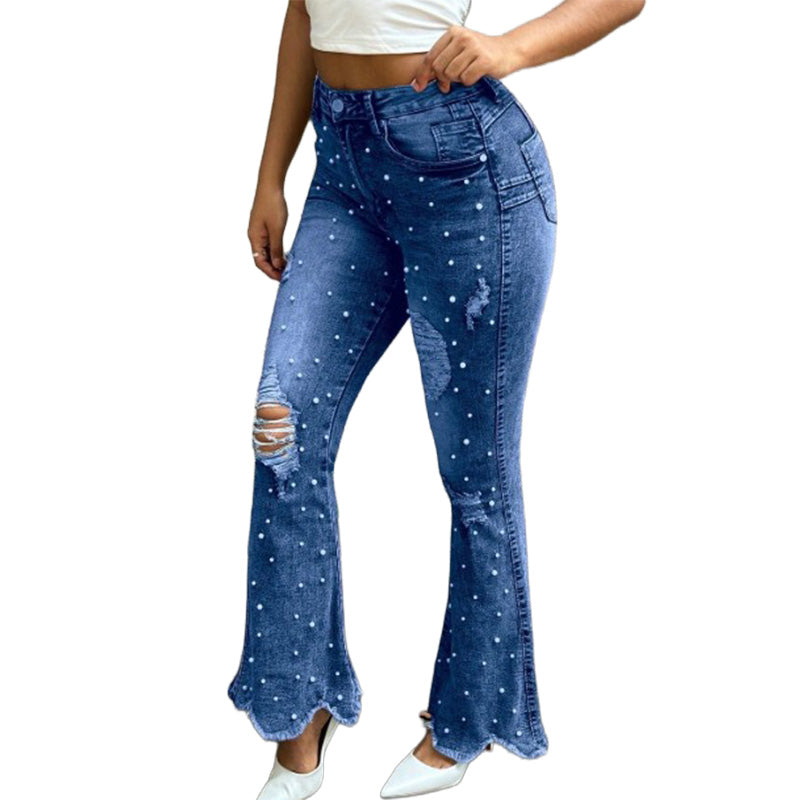 💎 Details That Stand Out | Women's Beaded Distressed High-Waist Flare Jeans