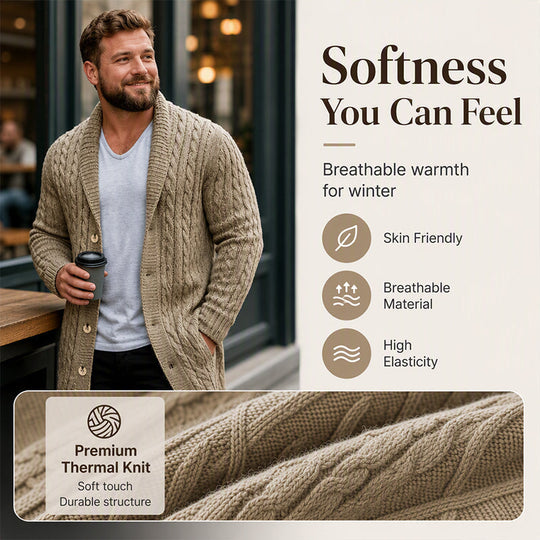 🧶 Longer Length, More Style | Men's Mid-Long Cable-Knit Cardigan