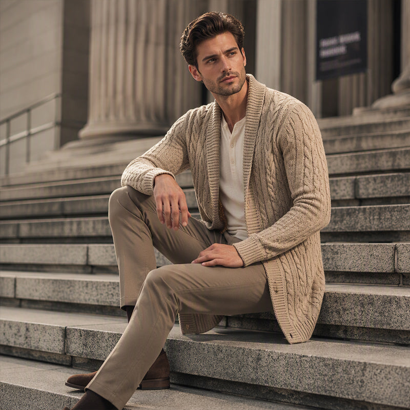 🧶 Longer Length, More Style | Men's Mid-Long Cable-Knit Cardigan
