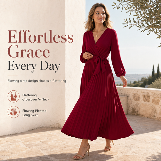 👗⌛Limited-Time Offer-Women's Elegant Crossover V Neck Pleated Maxi Dress✨