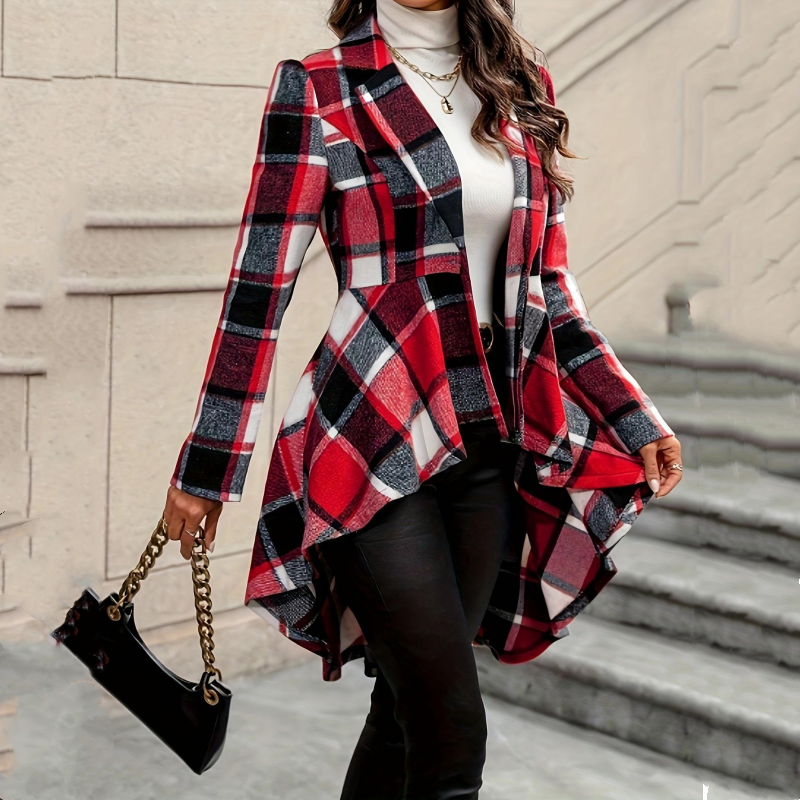 💃 Dramatic Hem, Flattering Shape | Women's Plaid High-Low Peplum Coat