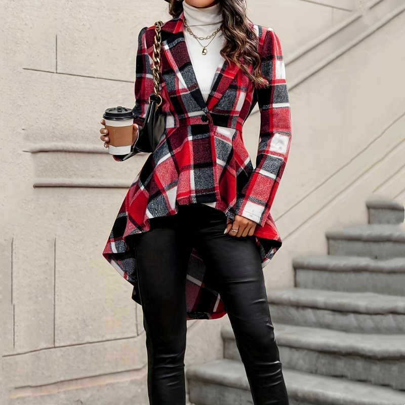 💃 Dramatic Hem, Flattering Shape | Women's Plaid High-Low Peplum Coat