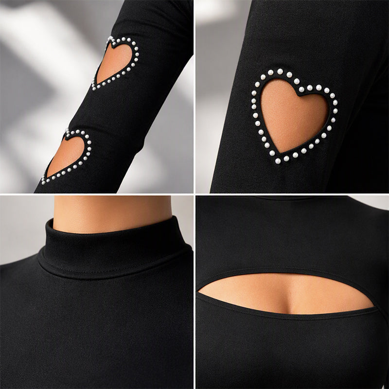 💖 Heart Details That Stand Out | Women's Beaded Cutout Mock-Neck Slim-Fit Top