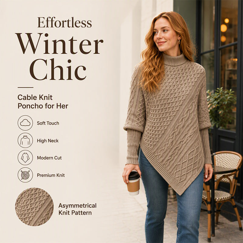 🧶 Rich Cable Texture, Relaxed Poncho Drape | Women's Knit Sweater