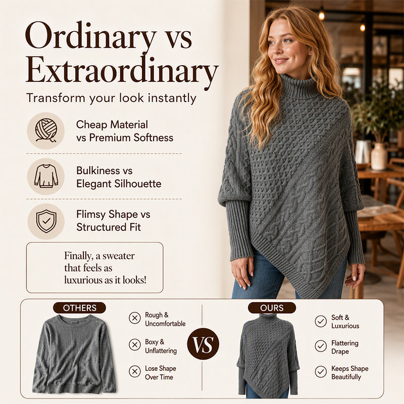 🧶 Rich Cable Texture, Relaxed Poncho Drape | Women's Knit Sweater