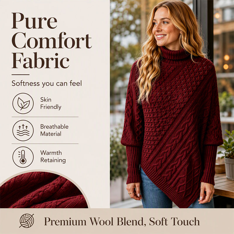 🧶 Rich Cable Texture, Relaxed Poncho Drape | Women's Knit Sweater