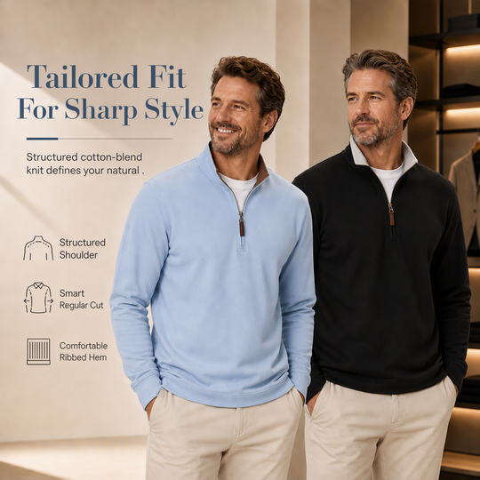 🏷️ Smart-Casual Made Easy | Men's Quarter-Zip Ribbed-Collar Knit Pullover