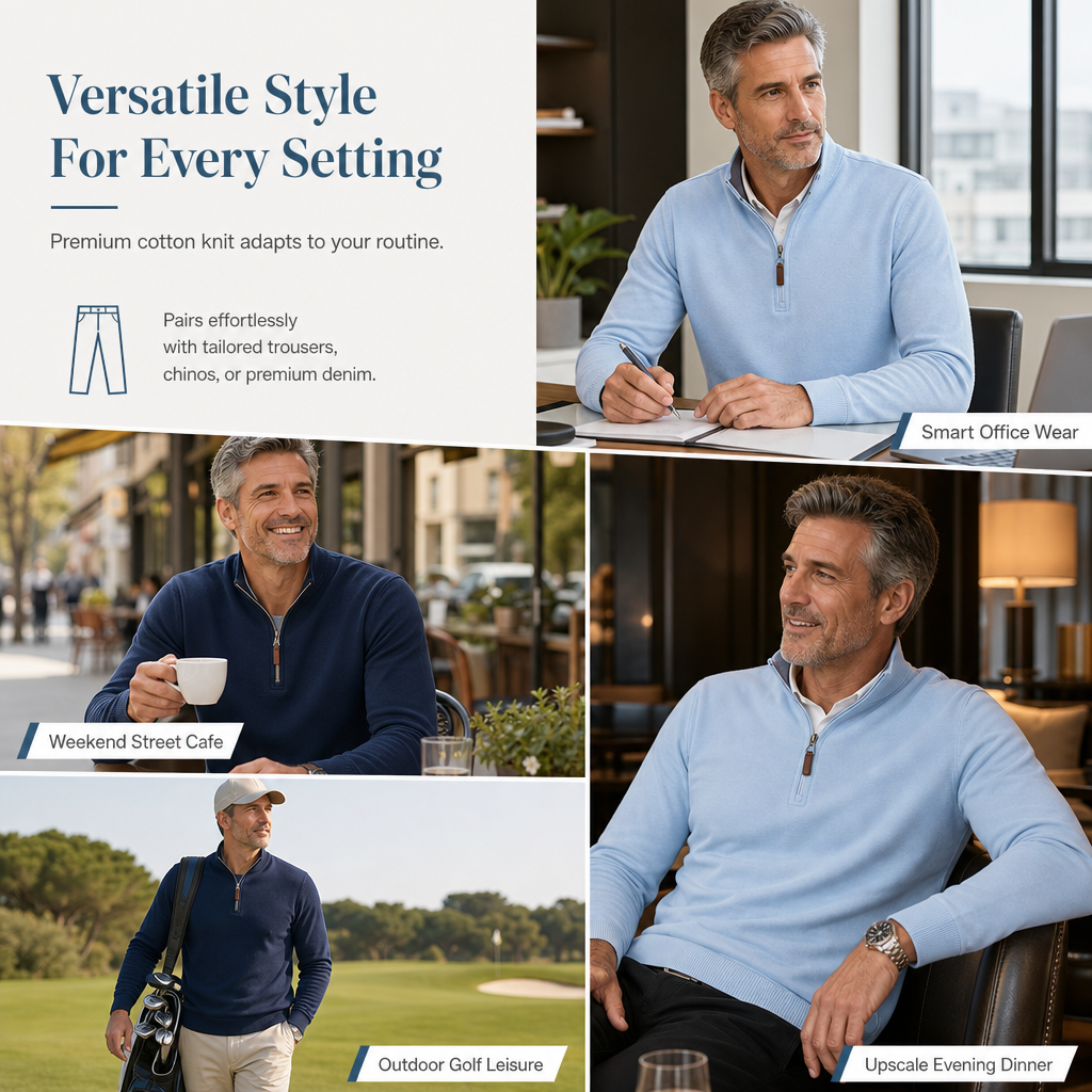 🏷️ Smart-Casual Made Easy | Men's Quarter-Zip Ribbed-Collar Knit Pullover