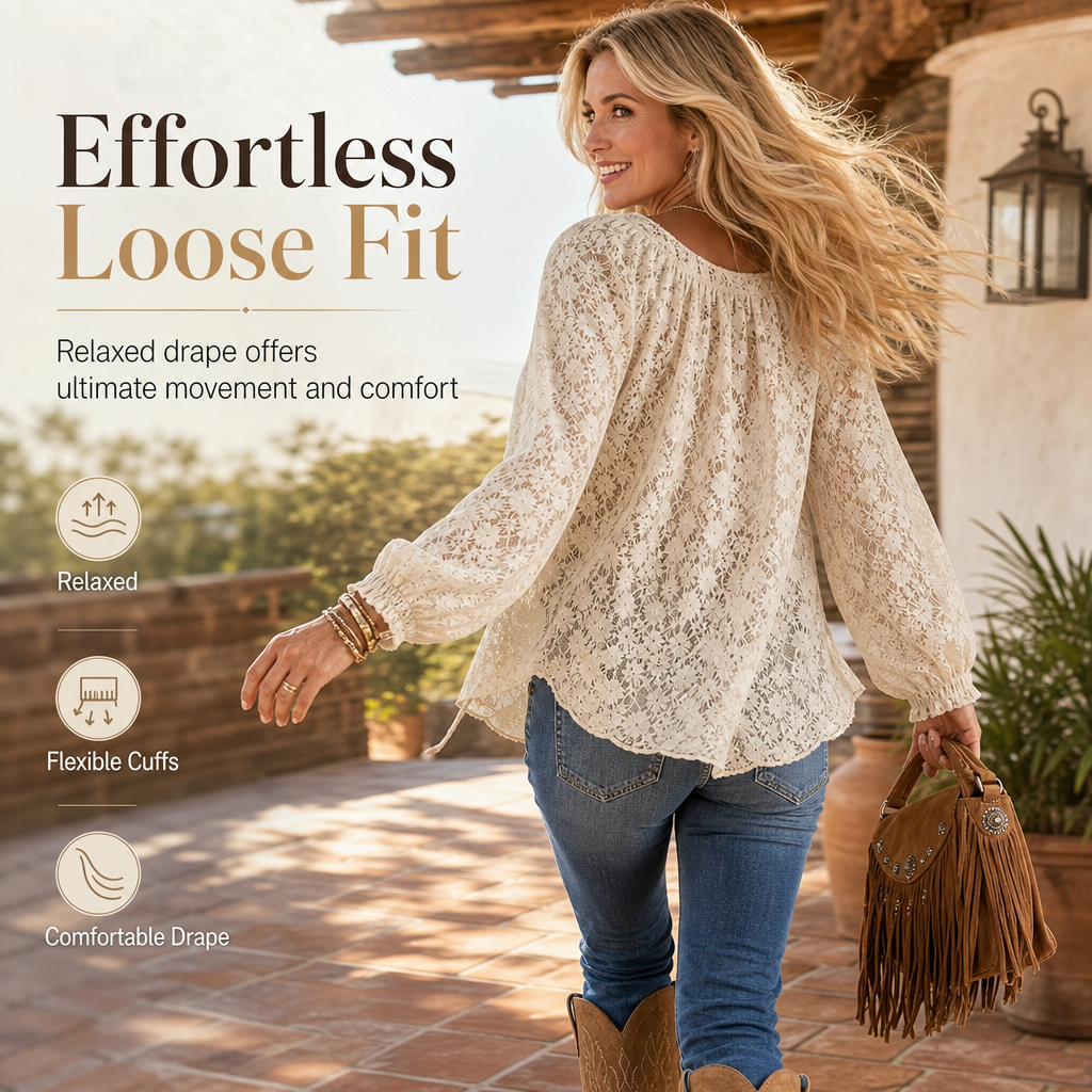 👚✨ Women’s Lace Blouse – 🌸 Elegant Loose-Fit Long Sleeve Pullover Top