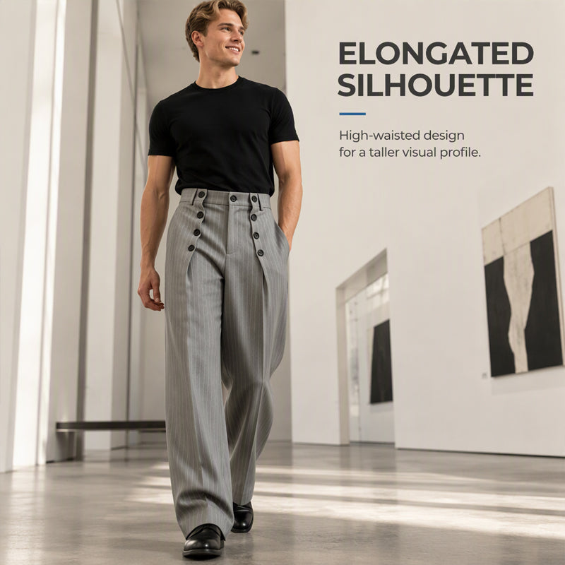 💼 Tailored Waist, Effortless Drape | Men's Double-Breasted High-Waist Pants