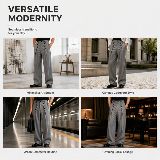 💼 Tailored Waist, Effortless Drape | Men's Double-Breasted High-Waist Pants