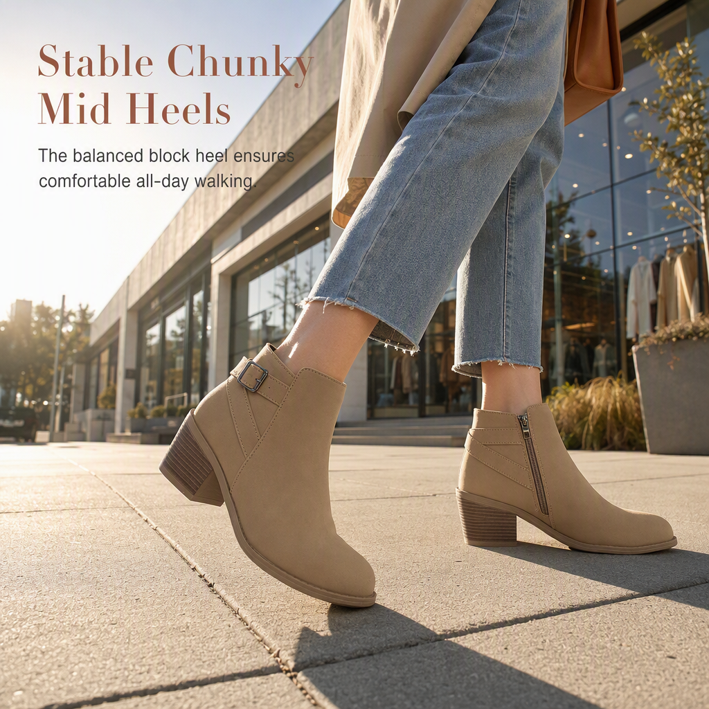 Women's Suede Martin Boots with Slanted Buckle Chunky Mid Heel and Side Zipper Ankle Boots