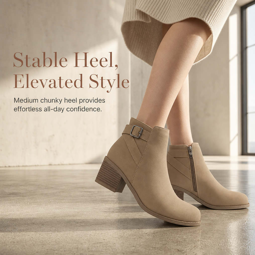 Women's Suede Martin Boots with Slanted Buckle Chunky Mid Heel and Side Zipper Ankle Boots