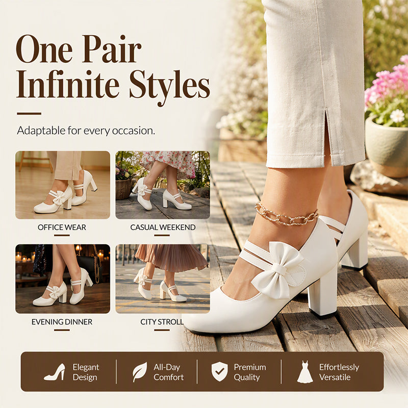 Women's Elegant Chunky Heel Shoes with Bow Strap
