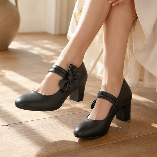 Women's Elegant Chunky Heel Shoes with Bow Strap