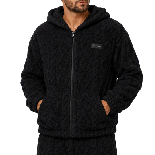 Men's Cable Embossed Sherpa Fleece Zip Up Hooded with Pockets
