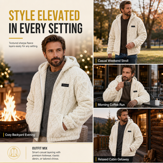 🔥LAST DAY SALE 50% OFF!!🔥Men's Cable Embossed Sherpa Fleece Zip Up Hooded with Pockets