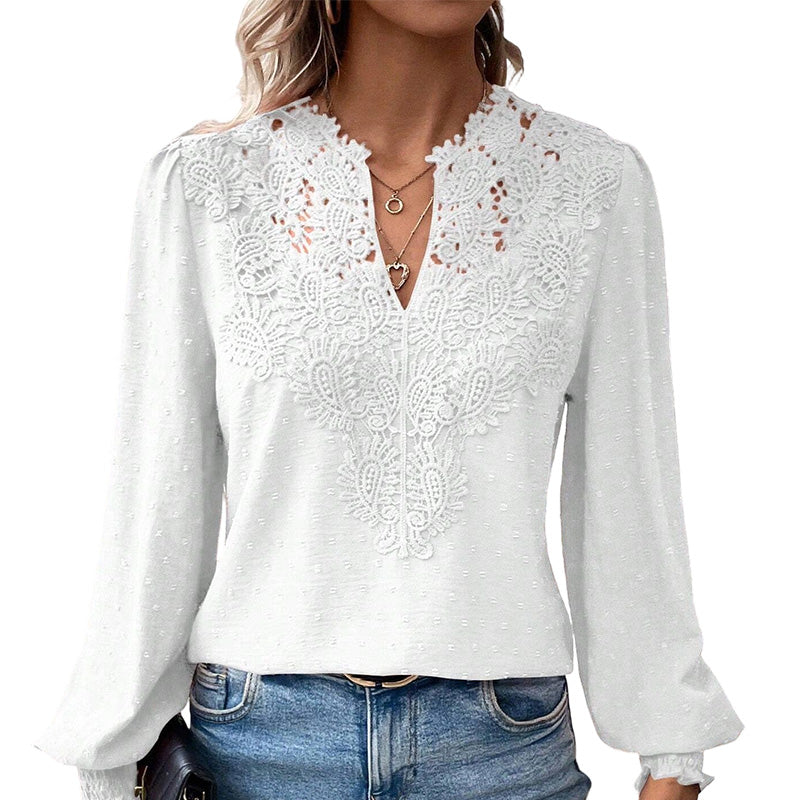 👗Delicate Lace, Sexy V-Neck👚 Women's Lace V-Neck Long Sleeve Top – Slim Fit | Elegant & Alluring ✨