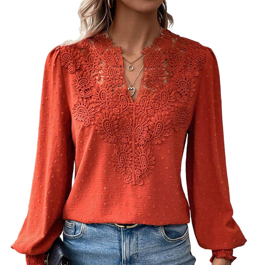 👗Delicate Lace, Sexy V-Neck👚 Women's Lace V-Neck Long Sleeve Top – Slim Fit | Elegant & Alluring ✨