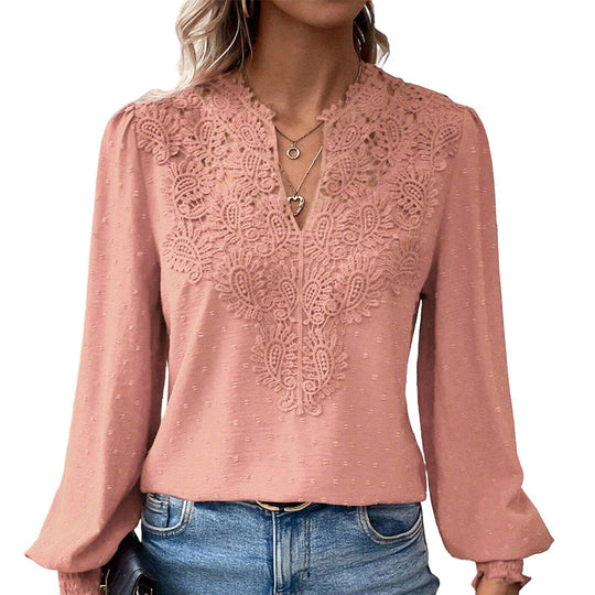 👗Delicate Lace, Sexy V-Neck👚 Women's Lace V-Neck Long Sleeve Top – Slim Fit | Elegant & Alluring ✨