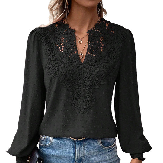 👗Delicate Lace, Sexy V-Neck👚 Women's Lace V-Neck Long Sleeve Top – Slim Fit | Elegant & Alluring ✨