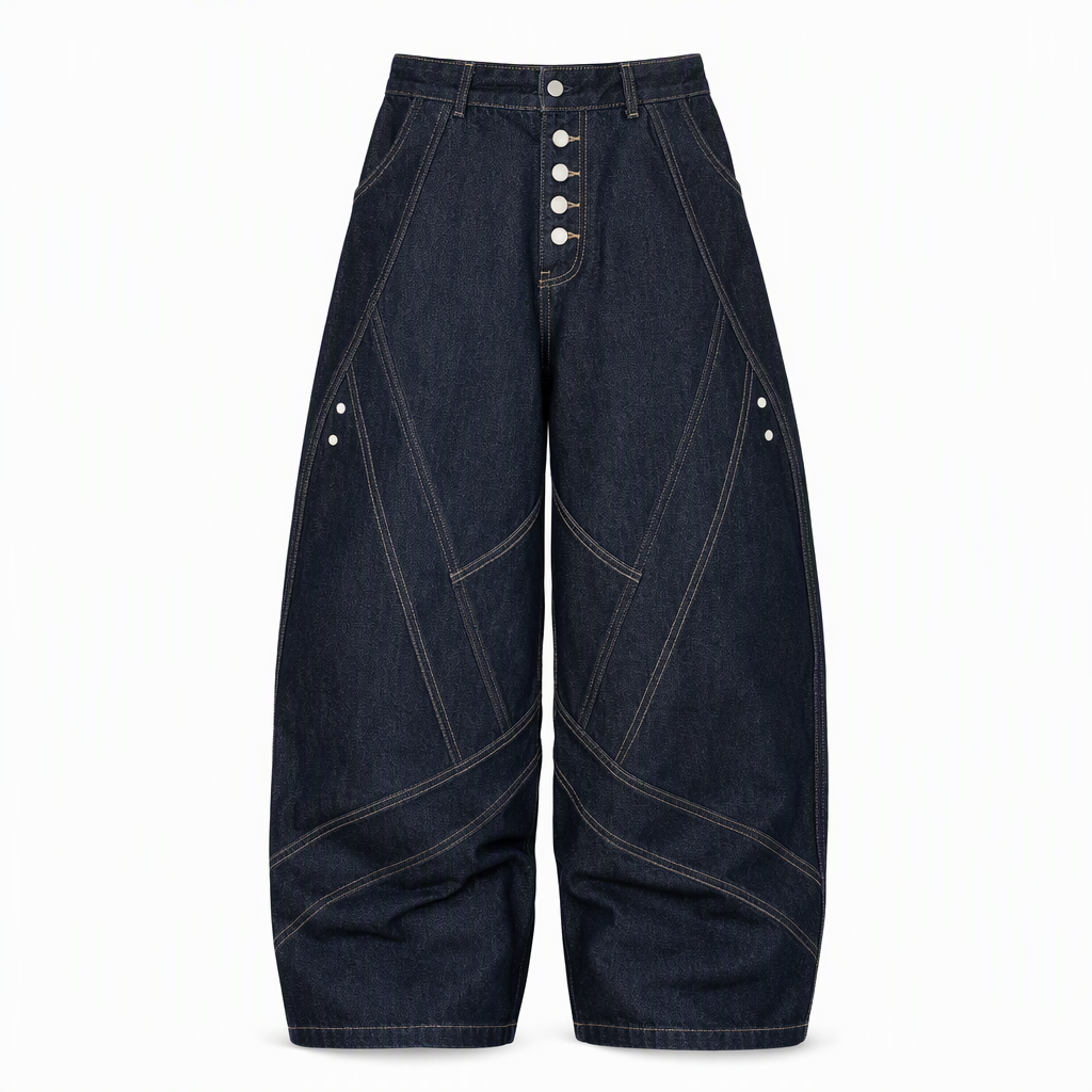 Men's American Vintage Curved Leg Wide Leg Jeans Deconstructed Raw Denim Button Fly Pants