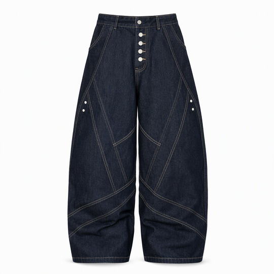 Men's American Vintage Curved Leg Wide Leg Jeans Deconstructed Raw Denim Button Fly Pants