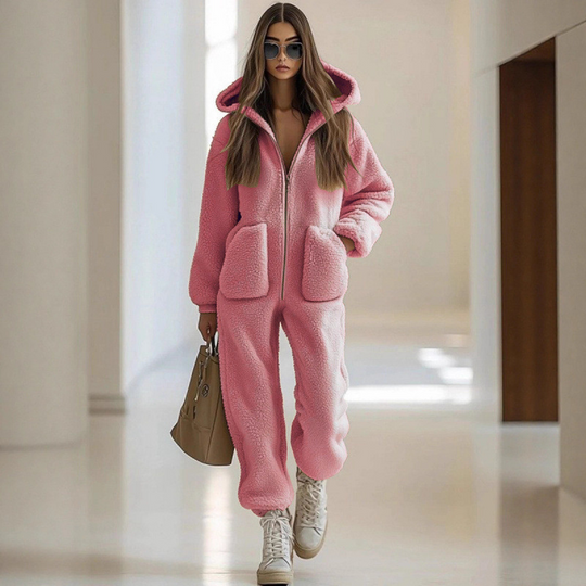 Women's Warm Zip-Up Hooded Jumpsuit with Pockets