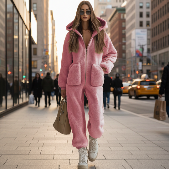 Women's Warm Zip-Up Hooded Jumpsuit with Pockets